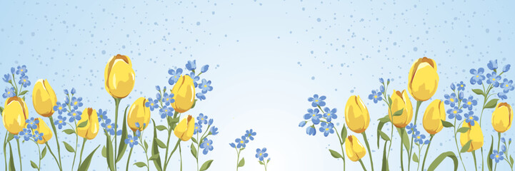 Spring long banner with flowers. Vector illustration, background with yellow tulips and blue forget-me-nots. 