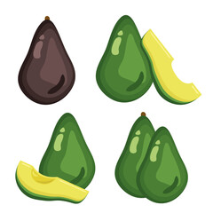 Set of vector fresh avocados isolated on a white background. Cute cartoon illustration of organic food. Avocado collection