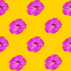 Abstract simple seamless pattern with pink flowers on yellow background. Vector illustration of repeated design for branding, packaging, fabric, textile, wallpaper