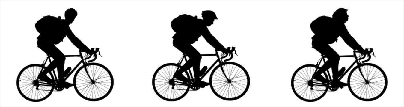 A guy in a sports protective helmet rides a bicycle with a large tourist backpack on his back. Competitions. A group of cyclists. Cycling. Side view. Three silhouettes in black color isolated on white