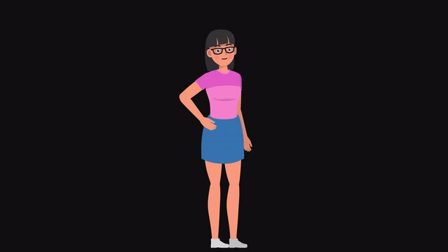 High resolution 2d cartoon female character in t-shirt and skirt outfit talking on alpha channel background in seamless loop.