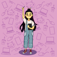Vector illustration of the graphic designer profession as a girl in denim overalls, sneakers and with a tablet and a stylus in her hands.