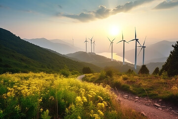 A wind turbine farm generating renewable green energy in a picturesque natural environment, contributing to sustainable development and eco friendly industries. Generative AI