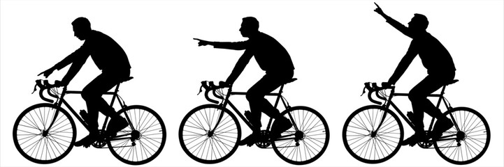 The guy is riding a bike. A man shows with his hand the direction down, forward, up. Search for the route of the cyclist. Sports walk. Side view, profile. Black silhouette isolated on white background