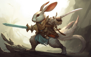 Rabbit fights in knight armor with a medieval sword, like a medieval knight. Generative AI.