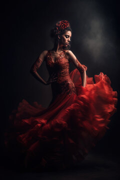 Beautiful Latina dancer in red tango dress, Generative AI Illustration