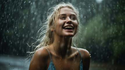 Smiling young woman standing outside in the pouring rain, Generative AI Illustration