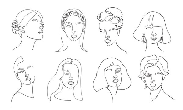 Set of portraits. Simple, minimalist vector illustration of beautiful woman. Hairstyle. Line drawing.