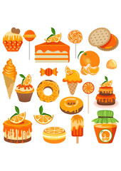 Set of digital elements with orange fruit candies