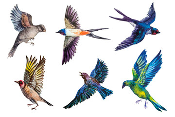 Flying birds. A set of six birds with open wings. The watercolor illustration is hand-drawn. Realistic images are isolated on a white background.
