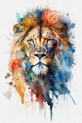 Lion head with colorful watercolor splashes on white background. Ai Generative