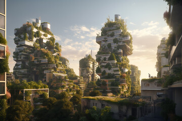 A city skyline with towering greenery integrated into buildings, helping to reduce the urban heat island effect and improve air quality. Generative AI