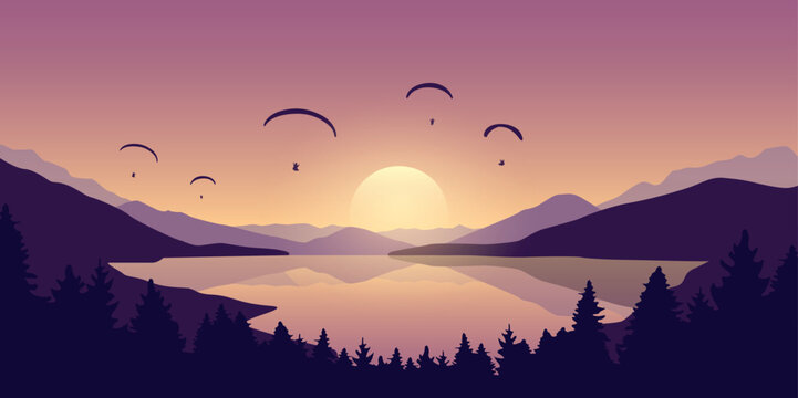 paragliding adventure flying with friends by the lake on mountain background at sunset