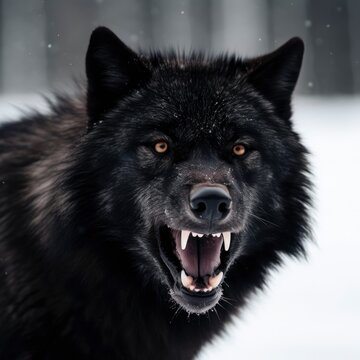 Wild and Fierce: Close-Up Portrait of a Snow-Covered Black Wolf Howling in Anger in the Arctic Wilderness, snowy soft blur on background copy space camping dangerous, generative ai