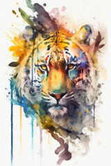 Tiger head with colorful watercolor splashes on white background. Ai Generative