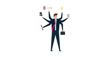 4k animation of Work productivity and efficiency, smart businessman with multi hands with productive tools calendar, alarm clock, pencil, target arrow, and bulb.