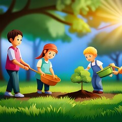  Dzieci sadzą drzewko w parku, ochrona środowiska, nauka. Wygenerowano z AI. - obrazy, fototapety, plakaty