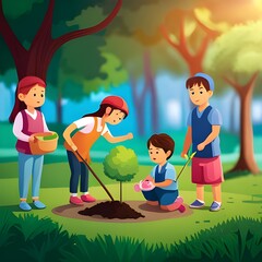 Dzieci sadzą drzewko w parku, ochrona środowiska, nauka. Wygenerowano z AI.