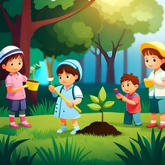 Dzieci sadzą drzewko w parku, ochrona środowiska, nauka. Wygenerowano z AI. - obrazy, fototapety, plakaty