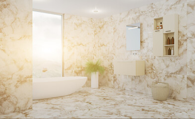 Bathroom interior bathtub. 3D rendering.. Sunset.