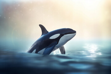 Fototapeta premium Leaping Orca: Majestic Killer Whale in Full Flight