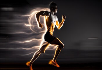 Fototapeta na wymiar Forward running man at night and his dynamic movemen illustration. AI generative.