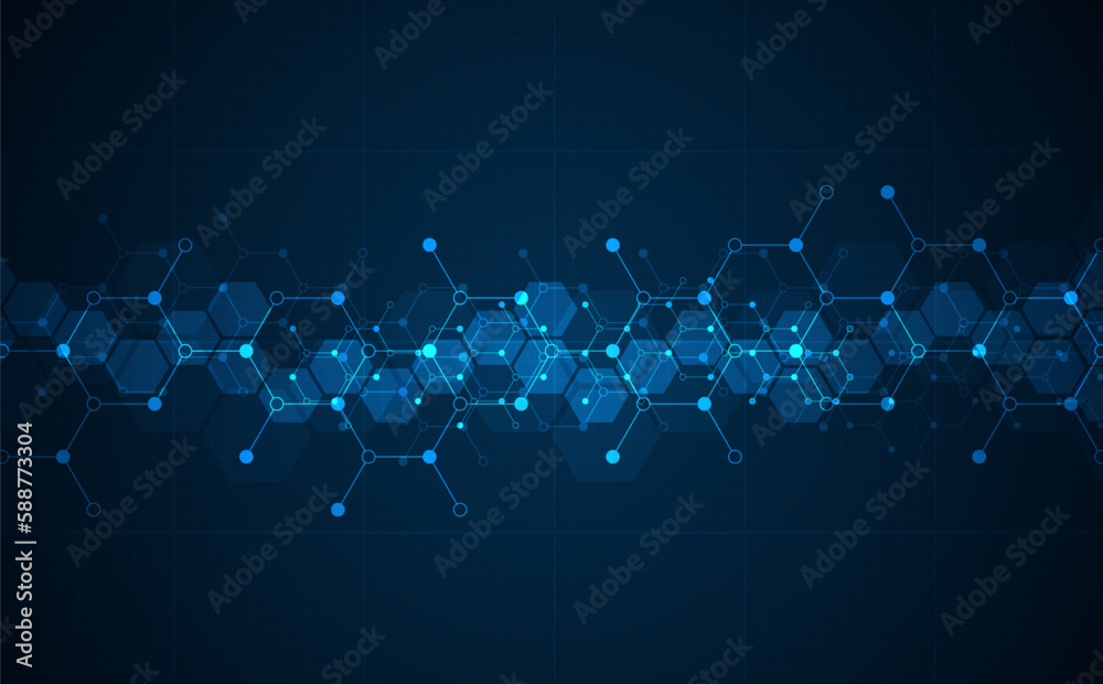 Sticker hexagons pattern on blue background. genetic research, molecular structure. chemical engineering. co