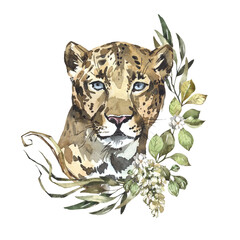 Watercolor leopard portrait with flowers. African animlas clipart. World Zoo nature illustration for kids products. World fauna and flora. Hand drawn wild cat head with dried bouquet print on - 588773324