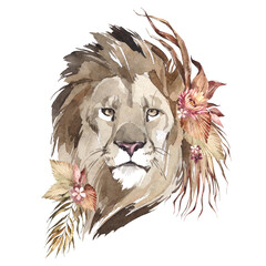 Watercolor lion portrait with flowers. African animlas clipart. World Zoo nature illustration for kids products. World fauna and flora. Hand drawn wild cat head with dried bouquet print on transparent - 588773369