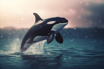 Leaping Orca: Majestic Killer Whale in Full Flight - obrazy, fototapety, plakaty