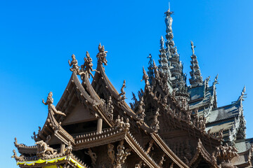 Unique Wooden Roof Details of the Sanctuary of Truth in Pattaya, Thailand