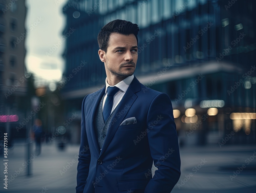 Wall mural portrait of young businessman in a blue suit in cityscape