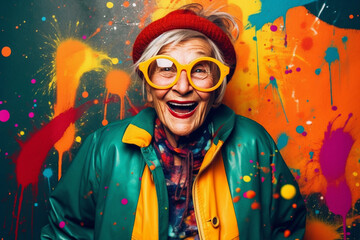 Happy older woman wearing colorful glasses - Generative AI