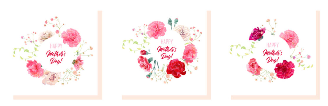 Set of square Mother's Day cards with carnation: white, pink, red flowers, gypsophile twigs, round white background. Template for design, realistic botanical illustration in watercolor style, vector