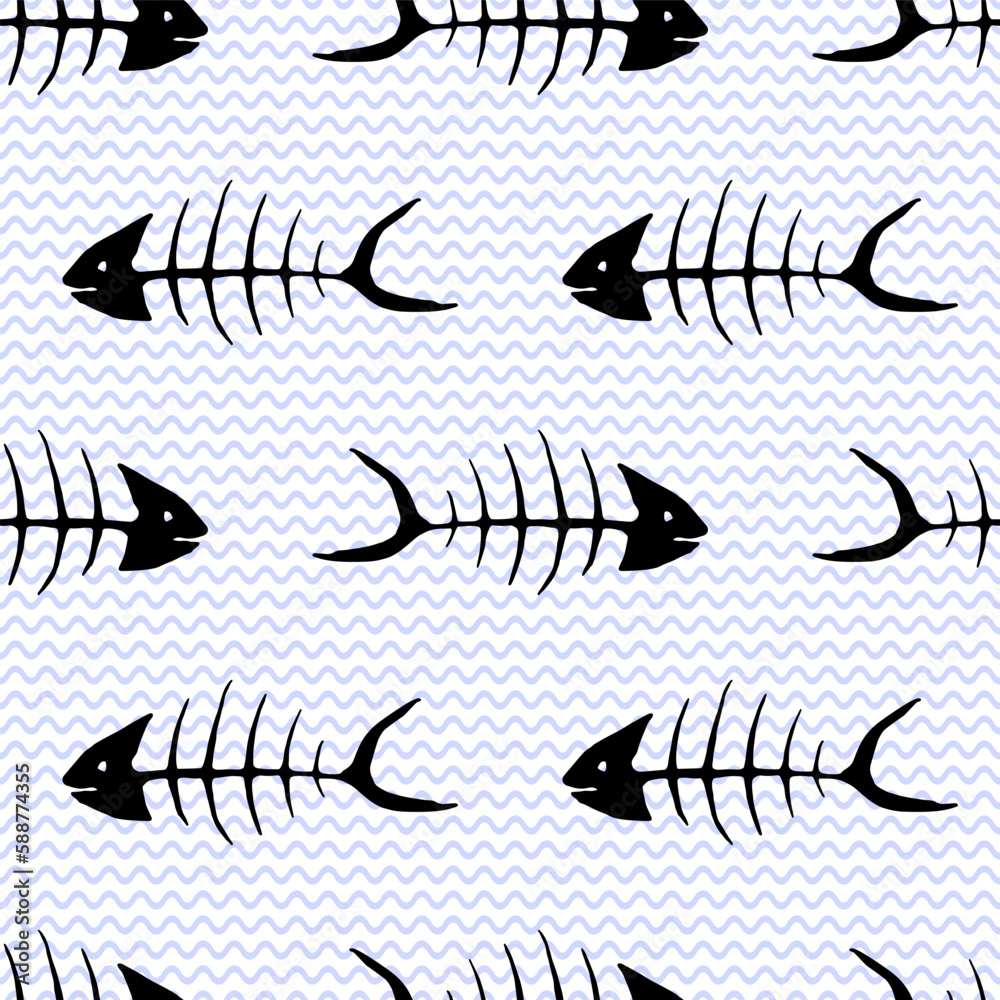 Wall mural Carp fish skeleton seamless pattern vector illustration in white and blue colors. - Wall murals