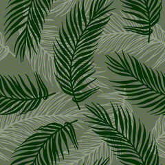 Fototapeta na wymiar Repeat exotic palm leaves vector pattern. Botanical elements over waves texture