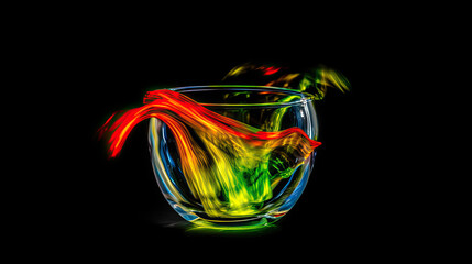 rainbow coloured liquid in the glass. Generative AI image.
