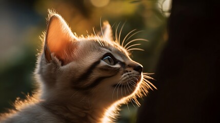 a cat looks up into the sky at sunset near trees