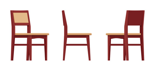 Dining side chairs natural wood brown set. Kitchen space bistro room, rustic classic design. Vector flat style cartoon home, office furniture articles isolated, white background front, side, rear view