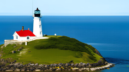 Fototapeta na wymiar Lighthouse in blue ocean at sunset landscape - AI Generative