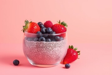 Chia pudding with strawberries, blueberries on pink background. Generative AI