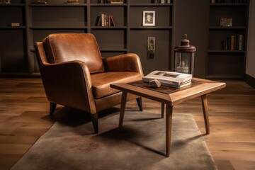 Modern living room with coffee table and brown leather armchair. Generative AI