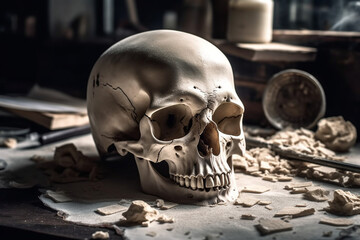 Broken pirate skull art, dusty skeleton head with cracks. Halloween horror movie, Ancient treasure, archeology, still life AI generated creative