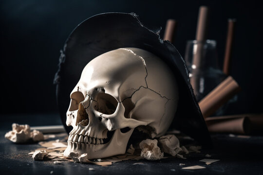 Broken skull in pirate hat, skeleton head with cracks. Halloween horror movie, Ancient treasure, archeology, still life AI generated creative art