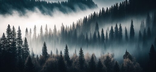 Misty mountain fir forest landscape. generative ai