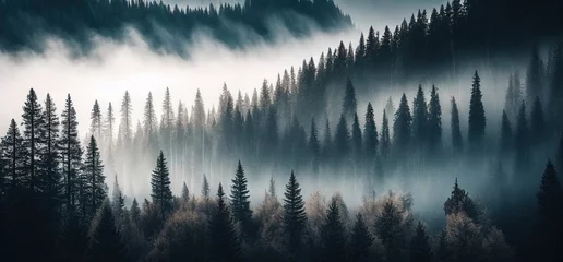 Foto op Plexiglas Mistig bos Misty mountain fir forest landscape. generative ai