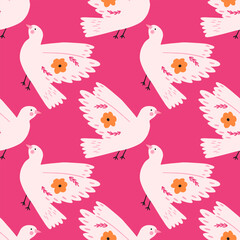 Colorful seamless pattern with hand drawn dove bird, flat vector illustration on pink background. Funky and quirky pattern with concept of love and Valentine's day.