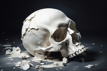 Obraz na płótnie Canvas Broken skull art, skeleton head with cracks. Halloween horror movie, Ancient treasure, archeology, still life AI generated creative