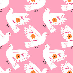 Cute white dove bird, seamless pattern - flat vector illustration on pink background. Concepts of love, peace and Valentines day. hand drawn pattern.