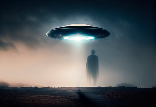 UFO hovers over the road, a shadow in a cloud of mist . Generative AI.